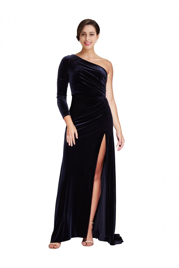 Bleu marine foncé Trapèze Balayage train Velours Stretch Longue Formelles Robes demoiselle d'honneur / Robes de soirée / Robes de bal Pas Chère