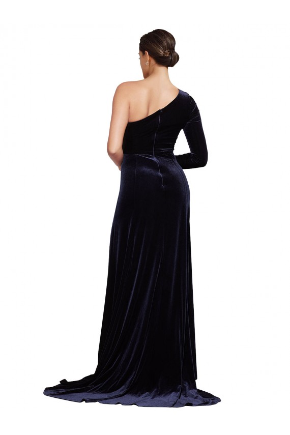 Bleu marine foncé Trapèze Balayage train Velours Stretch Longue Formelles Robes demoiselle d'honneur / Robes de soirée / Robes de bal Pas Chère