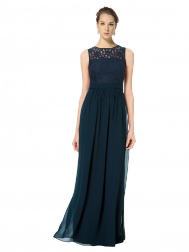 Bleu marine foncé Trapèze Bateau Illusion Mousseline Dentelle Longue Robes demoiselle d'honneur Pas Chre