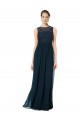 Bleu marine foncé Trapèze Bateau Illusion Mousseline Dentelle Longue Robes demoiselle d'honneur Pas Chère