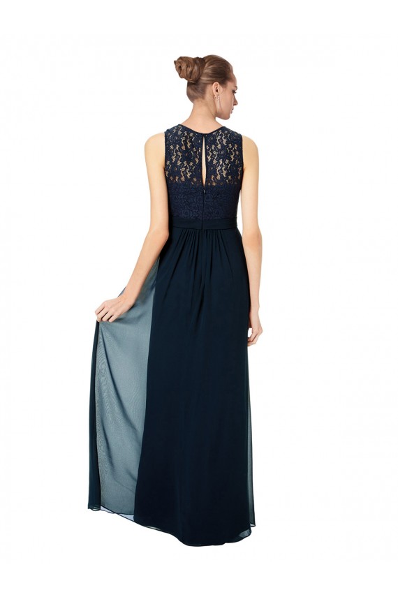 Bleu marine foncé Trapèze Bateau Illusion Mousseline Dentelle Longue Robes demoiselle d'honneur Pas Chère