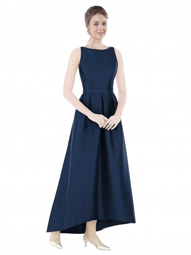 Bleu marine foncé Trapèze Bateau Satiné Longue Asymétrique Robes demoiselle d'honneur Pas Chre