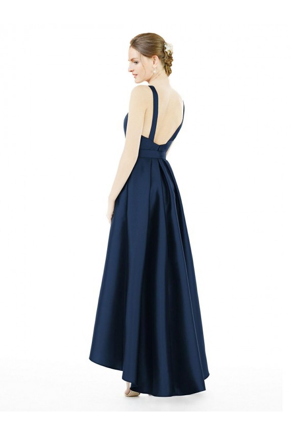 Bleu marine foncé Trapèze Bateau Satiné Longue Asymétrique Robes demoiselle d'honneur Pas Chère