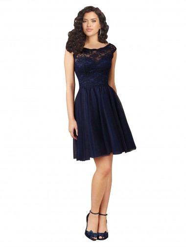 Bleu marine foncé Trapèze Bateau Tulle Dentelle Courte Robes demoiselle d'honneur / Robes de cocktail Pas Chre