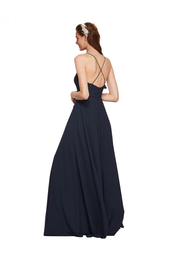 Bleu marine foncé Trapèze Bretelles spaghetti Col V Mousseline Longue Robes demoiselle d'honneur Pas Chère