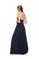 Bleu marine foncé Trapèze Bretelles spaghetti Col V Mousseline Longue Robes demoiselle d'honneur Pas Chère
