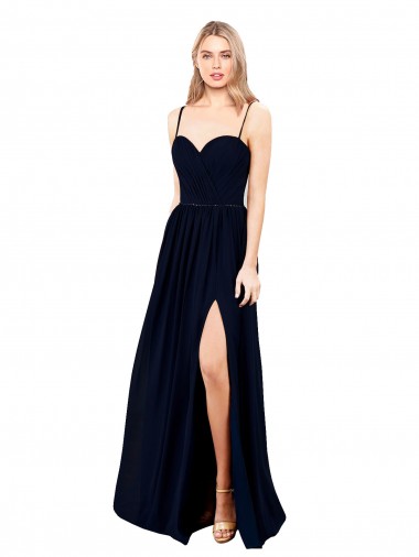 Bleu marine foncé Trapèze Bretelles spaghetti Mousseline Longue Formelles Robes demoiselle d'honneur / Robes de soirée Pas Chre