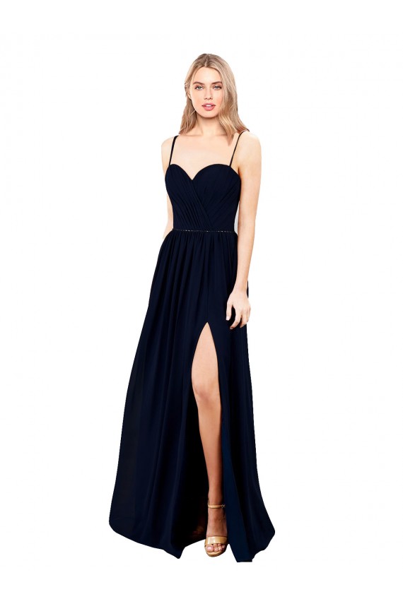Bleu marine foncé Trapèze Bretelles spaghetti Mousseline Longue Formelles Robes demoiselle d'honneur / Robes de soirée Pas Chère