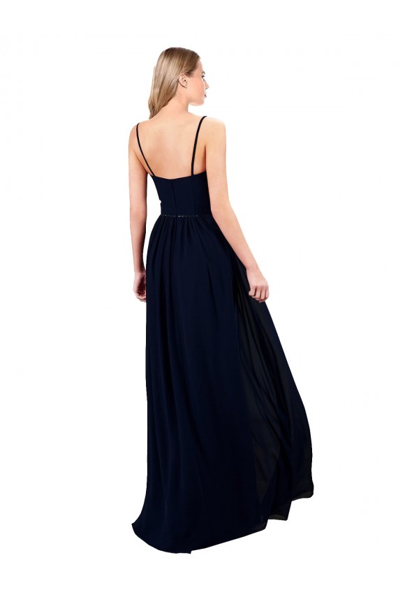 Bleu marine foncé Trapèze Bretelles spaghetti Mousseline Longue Formelles Robes demoiselle d'honneur / Robes de soirée Pas Chère