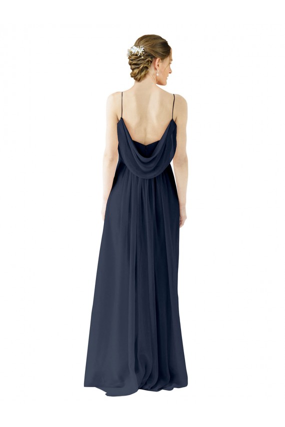 Bleu marine foncé Trapèze Bretelles spaghetti Mousseline Longue Robes demoiselle d'honneur Pas Chère