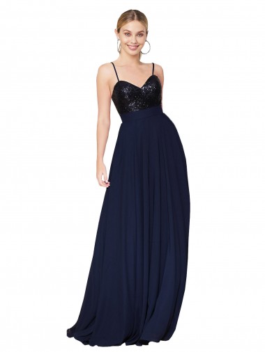 Bleu marine foncé Trapèze Bretelles spaghetti Mousseline Paillette Longue Robes demoiselle d'honneur / Robes de bal Pas Ch��re