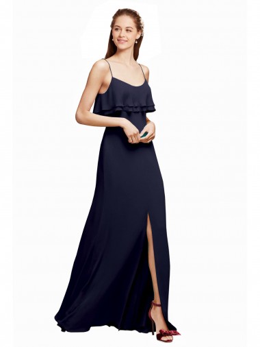 Bleu marine foncé Trapèze Bretelles spaghetti Scoop Mousseline Longue Robes demoiselle d'honneur Pas Chre