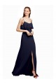 Bleu marine foncé Trapèze Bretelles spaghetti Scoop Mousseline Longue Robes demoiselle d'honneur Pas Chère