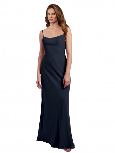 Bleu marine foncé Trapèze Bretelles spaghetti Scoop Mousseline Longue Robes demoiselle d'honneur Pas Chre
