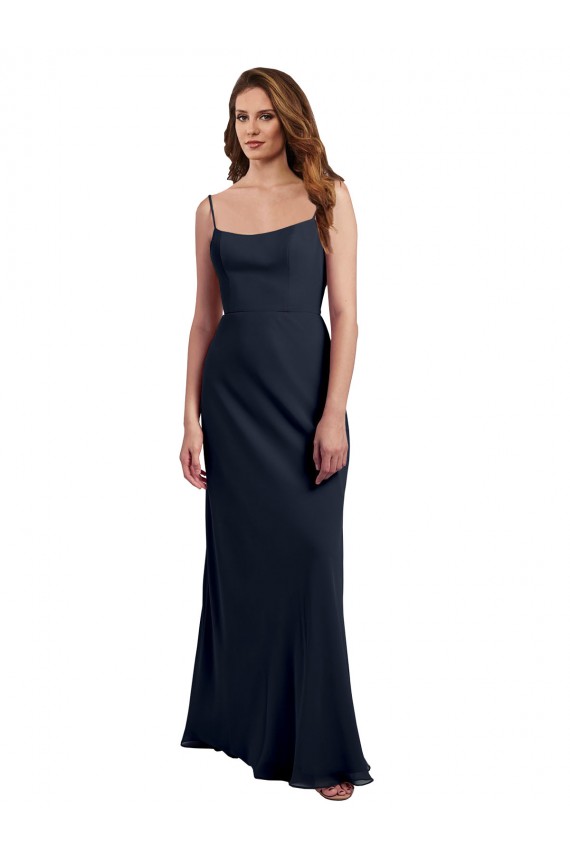 Bleu marine foncé Trapèze Bretelles spaghetti Scoop Mousseline Longue Robes demoiselle d'honneur Pas Chère