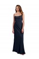 Bleu marine foncé Trapèze Bretelles spaghetti Scoop Mousseline Longue Robes demoiselle d'honneur Pas Chère