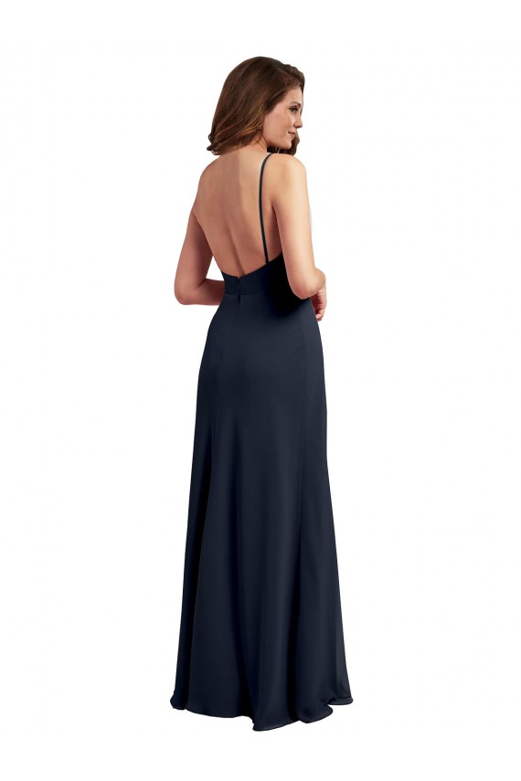 Bleu marine foncé Trapèze Bretelles spaghetti Scoop Mousseline Longue Robes demoiselle d'honneur Pas Chère