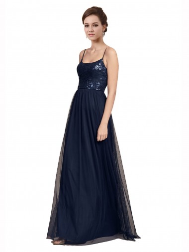 Bleu marine foncé Trapèze Bretelles spaghetti Tulle Dentelle Longue Robes demoiselle d'honneur Pas Chre