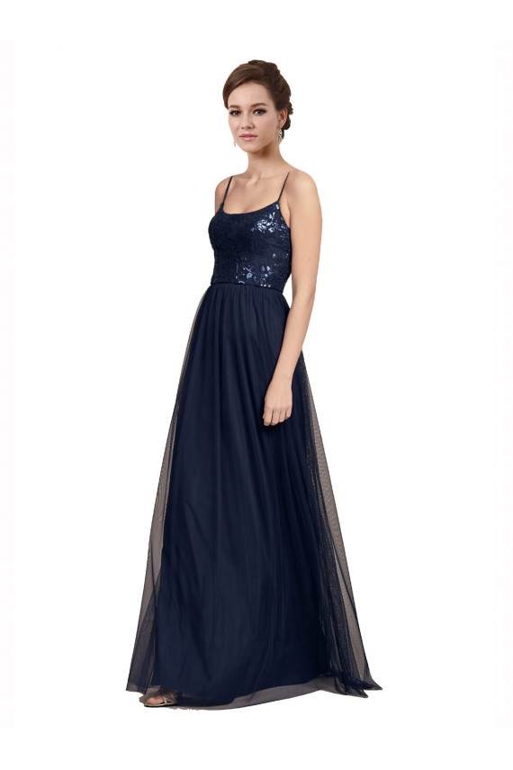 Bleu marine foncé Trapèze Bretelles spaghetti Tulle Dentelle Longue Robes demoiselle d'honneur Pas Chère
