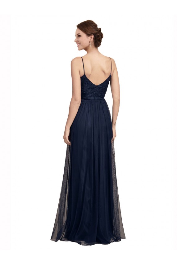 Bleu marine foncé Trapèze Bretelles spaghetti Tulle Dentelle Longue Robes demoiselle d'honneur Pas Chère