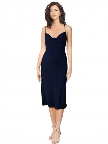 Bleu marine foncé Trapèze Bretelles spaghetti midi Satiné Soyeux Courte Robes demoiselle d'honneur / Robes de soirée / Robes de cocktail Pas Chre