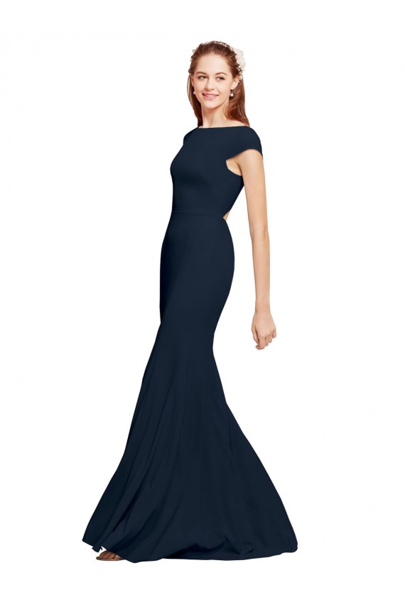 Bleu marine foncé Trapèze Col Bateau Crêpe Stretch Longue Formelles Robes demoiselle d'honneur / Robes de soirée / Robes de bal Pas Chère