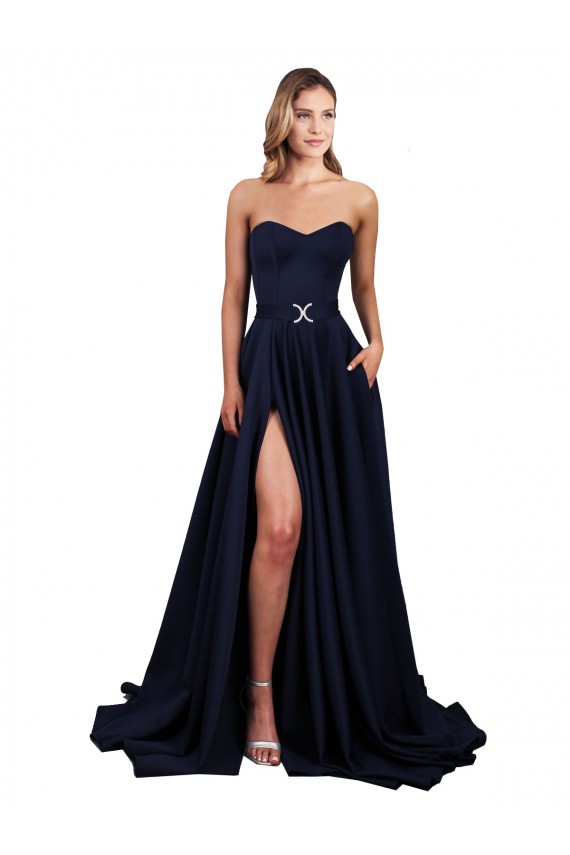 Bleu marine foncé Trapèze Col Haut Crêpe Stretch Longue Formelles Robes demoiselle d'honneur / Robes de soirée / Robes de bal Pas Chère