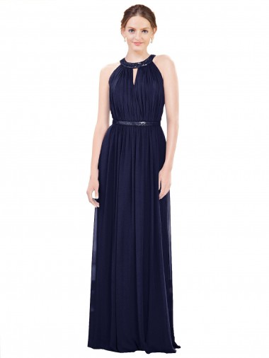 Bleu marine foncé Trapèze Col Haut Mousseline Longue Robes demoiselle d'honneur Pas Chre
