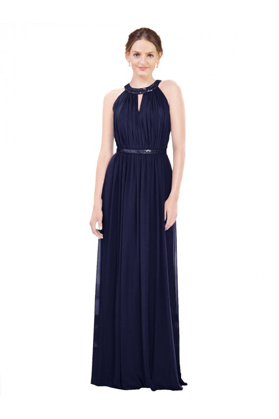 Bleu marine foncé Trapèze Col Haut Mousseline Longue Robes demoiselle d'honneur Pas Chère