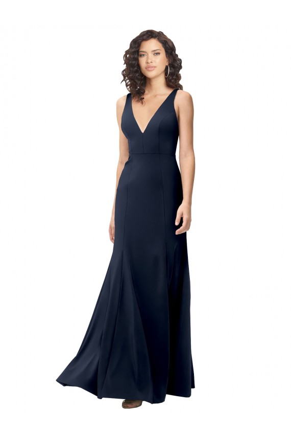 Bleu marine foncé Trapèze Col V Crêpe Stretch Longue Formelles Robes demoiselle d'honneur / Robes de soirée / Robes de bal Pas Chère