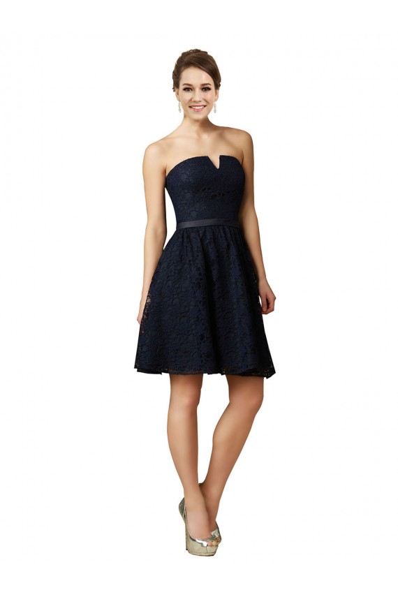Bleu marine foncé Trapèze Col V Dentelle Courte Robes demoiselle d'honneur / Robes de cocktail Pas Chère