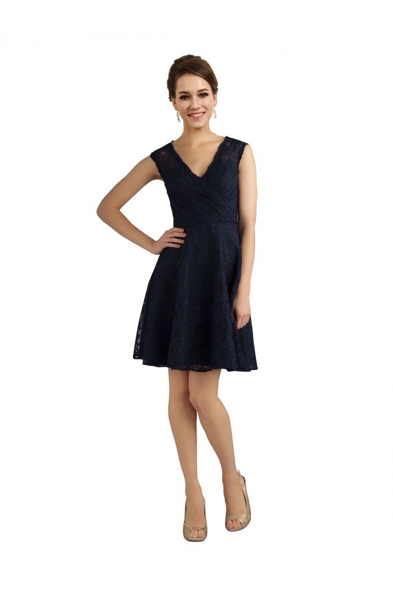 Bleu marine foncé Trapèze Col V Dentelle Courte Robes demoiselle d'honneur / Robes de cocktail Pas Chère