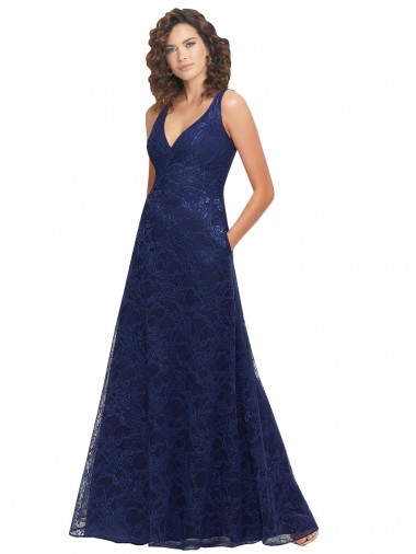 Bleu marine foncé Trapèze Col V Dentelle Longue Robes demoiselle d'honneur Pas Chre