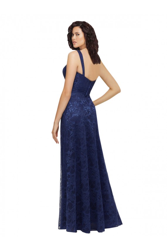 Bleu marine foncé Trapèze Col V Dentelle Longue Robes demoiselle d'honneur Pas Chère