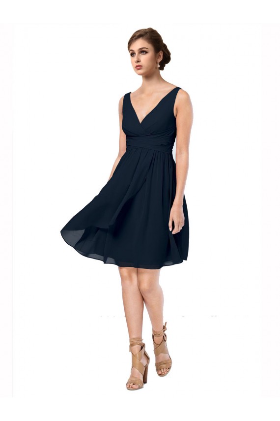 Bleu marine foncé Trapèze Col V Mousseline Courte Robes demoiselle d'honneur / Robes de cocktail Pas Chère