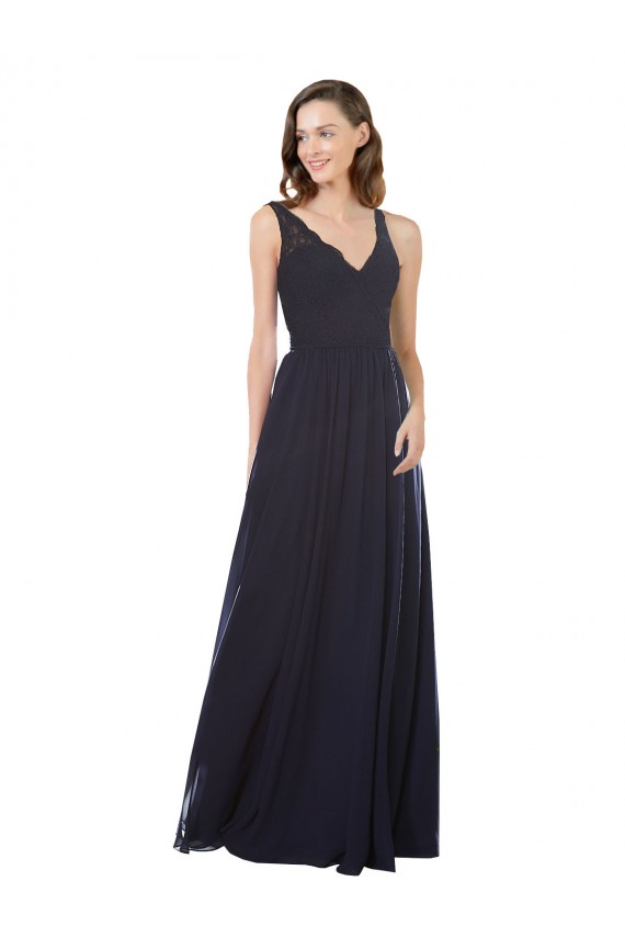 Bleu marine foncé Trapèze Col V Mousseline Dentelle Longue Robes demoiselle d'honneur Pas Chère