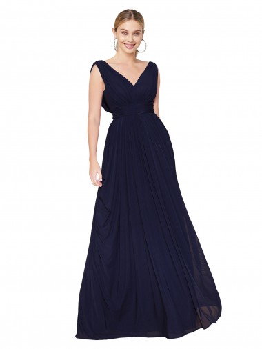 Bleu marine foncé Trapèze Col V Mousseline Longue Formelles Robes demoiselle d'honneur / Robes de soirée / Robes de bal Pas Chre