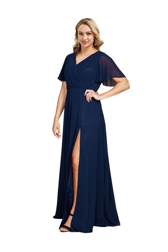 Bleu marine foncé Trapèze Col V Mousseline Longue Formelles Robes demoiselle d'honneur / Robes de soirée / Robes de bal Pas Chère