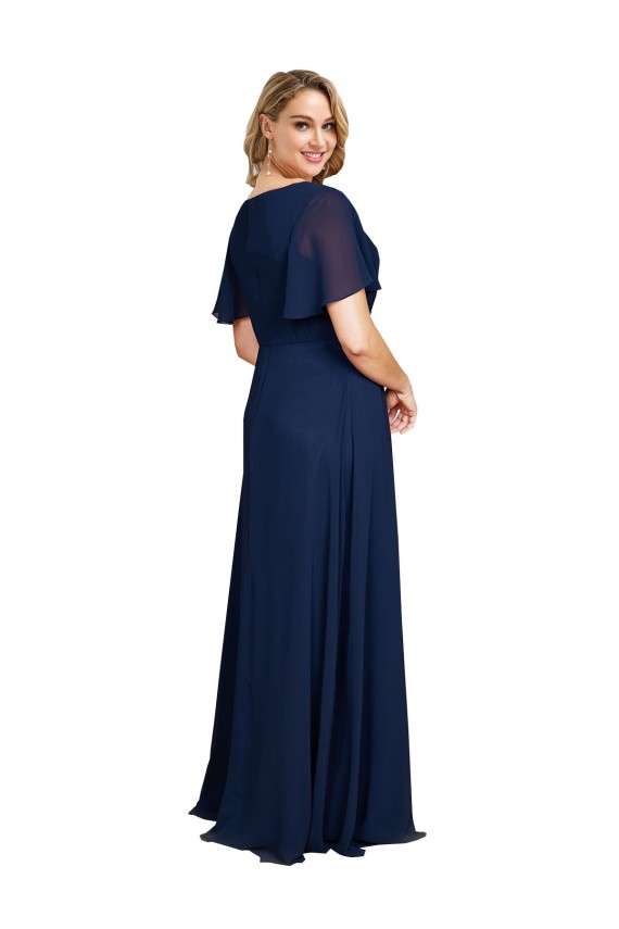 Bleu marine foncé Trapèze Col V Mousseline Longue Formelles Robes demoiselle d'honneur / Robes de soirée / Robes de bal Pas Chère