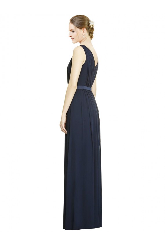 Bleu marine foncé Trapèze Col V Mousseline Longue Robes demoiselle d'honneur Pas Chère