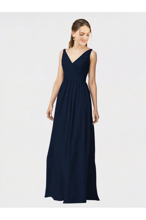 Bleu marine foncé Trapèze Col V Mousseline Longue Robes demoiselle d'honneur Pas Chère