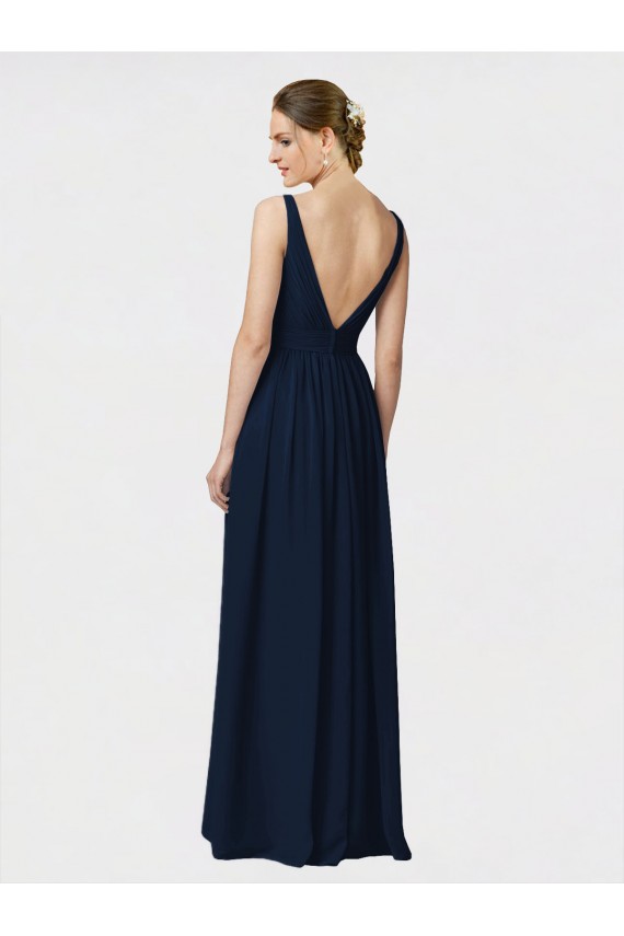 Bleu marine foncé Trapèze Col V Mousseline Longue Robes demoiselle d'honneur Pas Chère