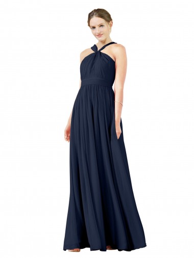 Bleu marine foncé Trapèze Col V Mousseline Longue Robes demoiselle d'honneur Pas Chre