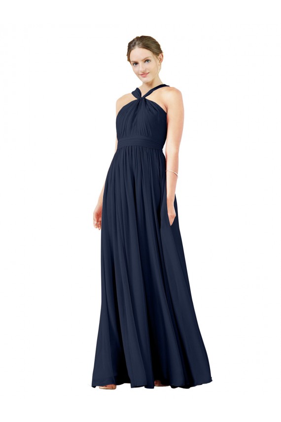 Bleu marine foncé Trapèze Col V Mousseline Longue Robes demoiselle d'honneur Pas Chère