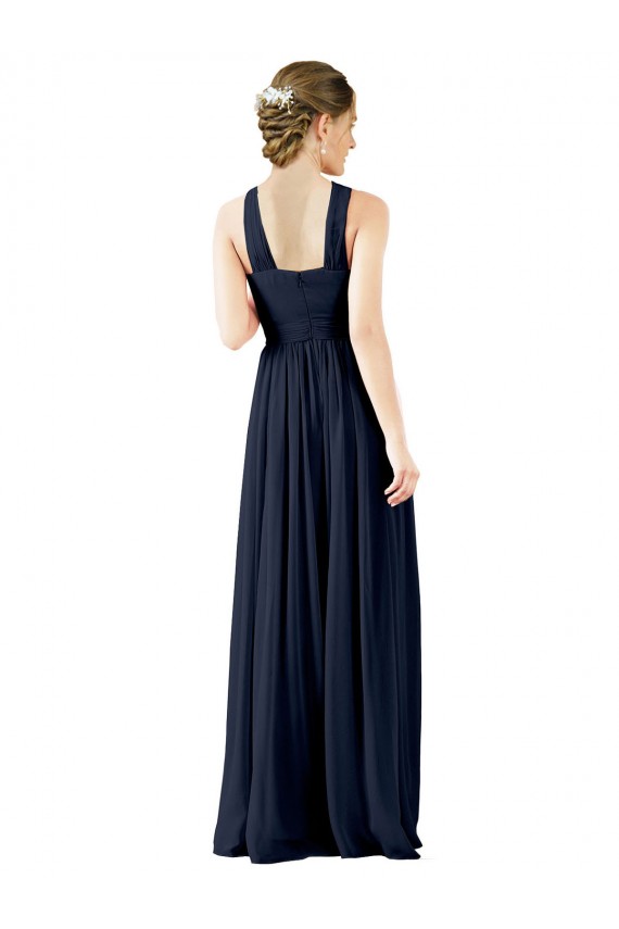 Bleu marine foncé Trapèze Col V Mousseline Longue Robes demoiselle d'honneur Pas Chère