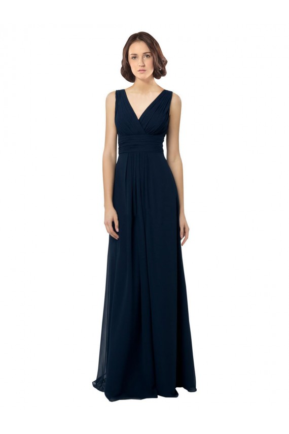 Bleu marine foncé Trapèze Col V Mousseline Longue Robes demoiselle d'honneur Pas Chère