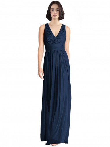 Bleu marine foncé Trapèze Col V Mousseline Longue Robes demoiselle d'honneur Pas Chre