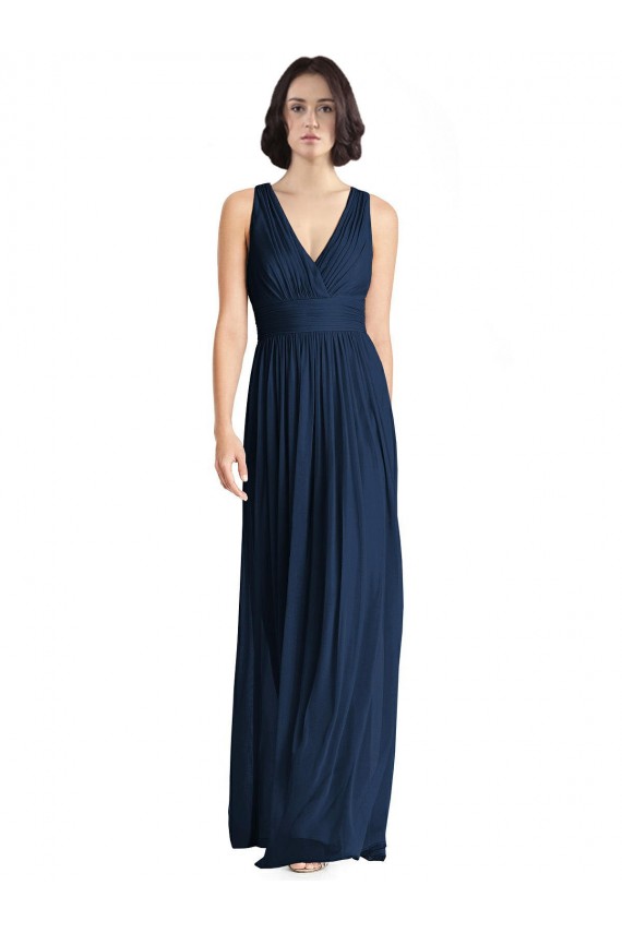 Bleu marine foncé Trapèze Col V Mousseline Longue Robes demoiselle d'honneur Pas Chère
