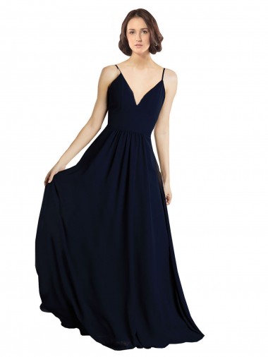Bleu marine foncé Trapèze Col V Mousseline Longue Robes demoiselle d'honneur Pas Chre