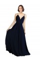 Bleu marine foncé Trapèze Col V Mousseline Longue Robes demoiselle d'honneur Pas Chère